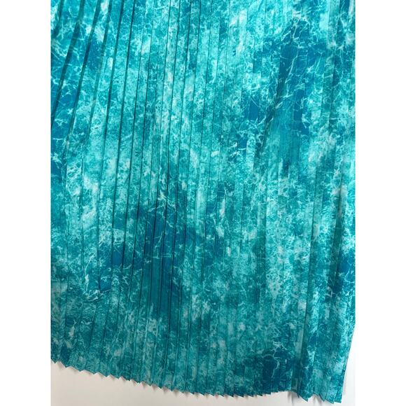Michael Kors Turquoise Water Print Pleated Maxi Long Skirt Pull On Size L Flowy - Picture 7 of 12